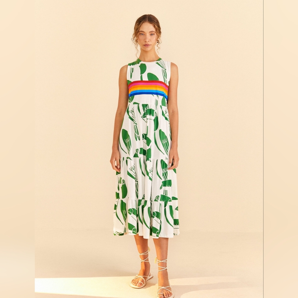 FARM RIO Rainbow Toucans Off-White Organic Cotton Dress L